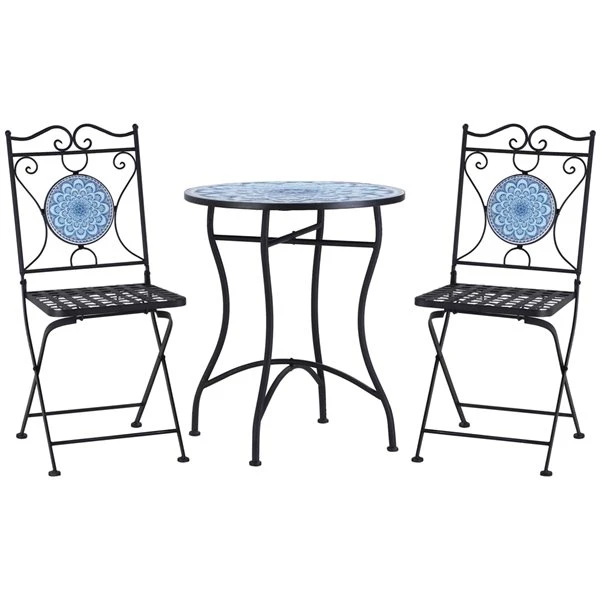 Ensemble Pour Le Patio Outsunny De Style Bistro Avec Cadre En Acier Noir Avec Dessus De Table En Mosaïque Bleue, 3 Pièces 3 Ensemble Pour Le Patio Outsunny De Style Bistro Avec Cadre En Acier Noir Avec Dessus De Table En Mosaïque Bleue, 3 Pièces