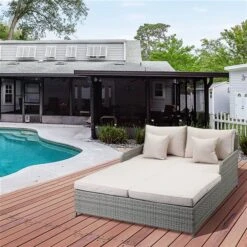 Lit De Repos Extérieur En Rotin à 2 Places Par Outsunny Avec Coussin Et Oreiller Beiges -Outsunny 331026133 AlternateImage2 l