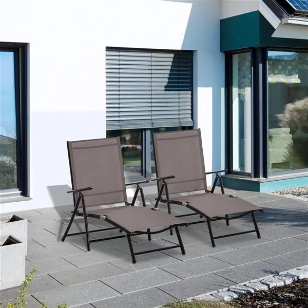 Chaise Longue En Métal Noir Par Outsunny Avec Siège En Tissu Maillé Brun, Ens. De 2 4 Chaise Longue En Métal Noir Par Outsunny Avec Siège En Tissu Maillé Brun, Ens. De 2 – Image 2