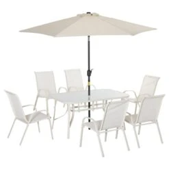 Ensemble à Dîner Extérieur Blanc Crémeux Par Outsunny Avec Parasol, 8 Pièces