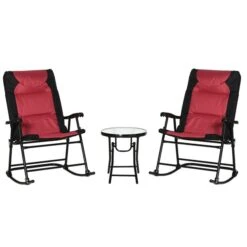 Chaise Berçante En Métal Noir Par Outsunny Avec Coussin Rouge, 3 Pièces