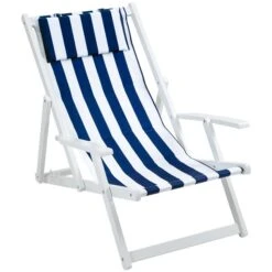 Chaise Longue En Bois Blanc Par Outsunny Avec Siège En Polyester Bleu Et Blanc
