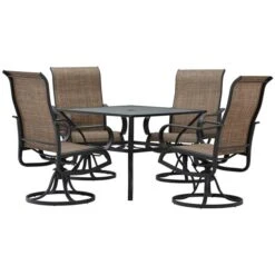 Ensemble De Salle à Manger Pour Patio Avec Cadre En Métal Noir 5 Pièces Par Outsunny Avec Trou Pour Parasol, Brun