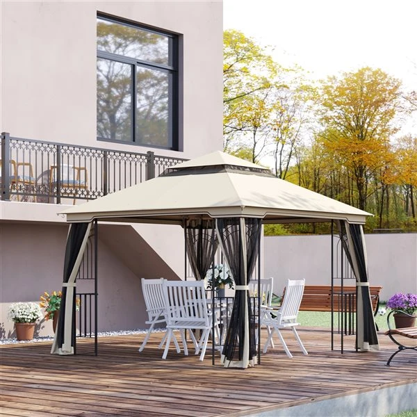 Abri De Jardin Semi-permanent Beige Outsunny De 10 Pi X 10 Pi Avec Toit En Polyester Et Cadre En Acier, Moustiquaire Incluse 4 Abri De Jardin Semi-permanent Beige Outsunny De 10 Pi X 10 Pi Avec Toit En Polyester Et Cadre En Acier, Moustiquaire Incluse – Image 2